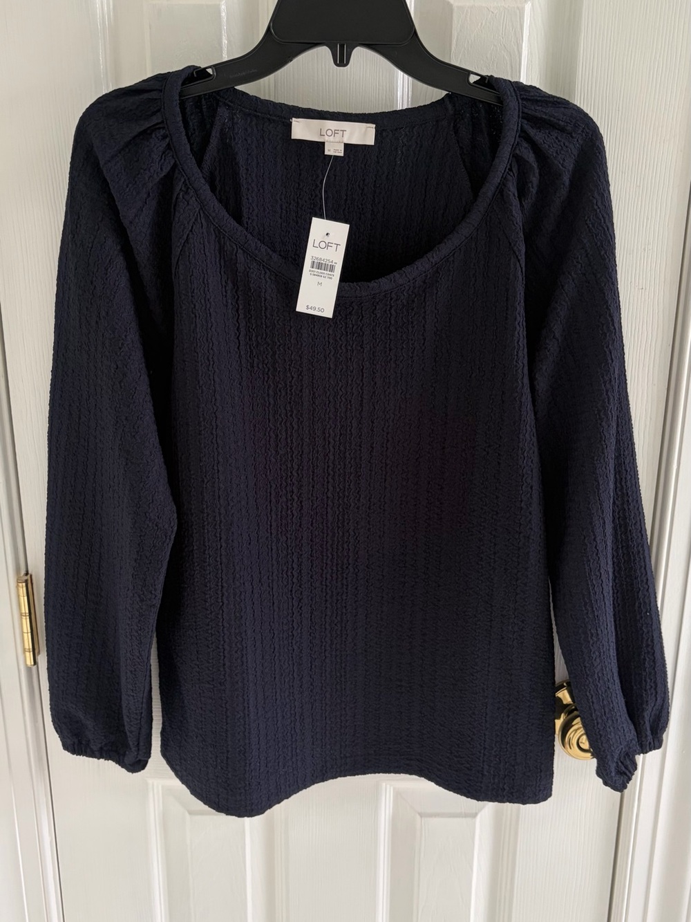 LOFT Navy Textured Scoop-Neck Long Sleeve Top